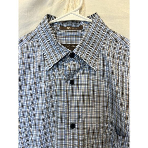 Nordstrom Shirt Mens M Medium Blue Brown Plaid 100% Organic‎ Cotton Shirt - Picture 1 of 4